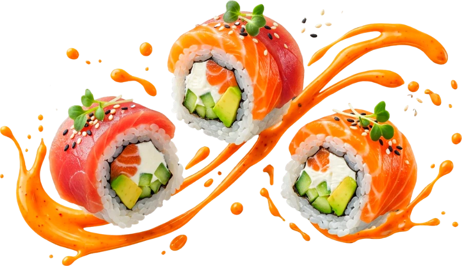 Drei Uramaki mit Lachs und Thunfisch